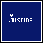 Blue square icon with white pixelated text 'JUSTINE' and a small heart symbol above the letter J, changing position across frames.
