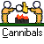 Pixelated animation of three figures around a fire, with one figure holding a yellow object over flames as text below reads 'Cannibals' in multiple