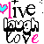 12 distinct 'live laugh love' text-based icons with varying color schemes and heart symbols, each icon featuring the same three words in stylized fonts