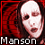 six pixelated showing a person with pale skin, dark hair, and red lips against a red spiral background; the name "Manson" appears below each