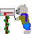 Pixelated bear avatar in green shirt and blue pants interacts with mailbox on gray background, showing multiple poses including turning, opening mailbox, and holding a black object.