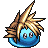 Blue spherical character with spiky brown and yellow hair, blue eyes, and a small mouth on gray background.