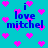 Pixelated cyan background with scattered pink hearts and repeated blue text reading "i love mitchel" in a pattern