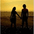 Silhouettes of two people holding hands on a beach at sunset with text overlays changing across frames.