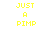 Yellow pixelated text "JUST A PIMP" appears on white background with blue rectangular bars shifting positions across frames.