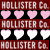 Animated sequence of 'HOLLISTER Co.' text above heart icons on dark background, hearts shift from pink to white across frames.