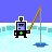 Pixel art scene with a robot fishing on ice, underwater fish swimming, and text bubbles displaying phrases like 'OH', 'THAT', 'JUST', 'GREAT'.