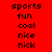 Red background with black text arranged in a pattern, featuring repeated words 'sports', 'fun', 'cool', 'nice', and 'nick' across multiple