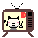 Pixelated TV-shaped icon with cartoon cat face holding red balloon, showing four distinct facial expressions across frames.