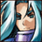 Pixelated static image of a female anime character with long dark hair, light skin tone, and blue eyes wearing a purple top against a teal background.