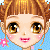 Pixelated doll face with brown hair in twin buns, large golden-brown eyes, pink cheeks, and a smiling mouth against blue background with pink flowers.