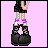 Pixel art animation of a character with red hair and black outfit transitioning from full-body to head-only view on pink background.
