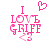Pixelated pink text reads "I LOVE GRIFF" with a heart symbol above the 'I' on the left, and the heart is absent on the right.