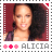 Alicia Keys portrait with curly hair, wearing dark sleeveless top, against maroon background, with 'ALICIA' text and pink/red flower icons below.