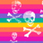 Pixelated skull and crossbones on a rainbow striped background with a small skull in the corner.