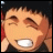 Pixelated anime-style character with closed eyes and open mouth, next to stylized text on black background.