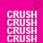 A static image with a bright pink background displays the word CRUSH repeated in white pixelated text across two , with a small dark purple heart symbol above the top-left