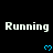 Pixelated text 'Running' appears multiple times above blue heart symbols on a black background with gray corner overlay.