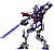 Pixelated mecha figure in dynamic pose holding blue sword, alternating between two distinct arm positions against gray background.
