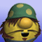 Static pixelated cartoon character with yellow face, green mushroom cap, and brown hair against blue gradient background.