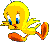 Yellow cartoon bird with blue eyes and orange beak/feet in four sequential poses showing wing movement from left to right.