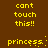 Yellow pixelated text on brown background reads 'cant touch this!!' and 'princess:' in multiple repeated with dot patterns