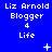 Blue background with repeated white text 'Liz Arnold Blogger 4 Life' and changing symbols above the text.