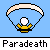 Pixel art animation of a figure with white hair and yellow clothing under a beige parachute, descending over orange flames against blue sky.