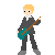 Pixel art character with blonde hair and dark suit holding a teal electric guitar in various poses against gray background.
