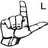 Black-and-white hand gestures form the letters L, O, V, E above two identical color photographs of a woman sitting on a couch.