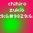 Pixelated text 'chihiro zukio' and numeric code appear on a red-green gradient background with shifting green circular highlights.