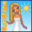 Pixel art contact sheet showing two frames of an animated icon featuring a blonde woman in a white dress against a blue sky with sun, holding a tall orange pixelated object.