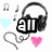 Animated icon with headphones, musical notes, and hearts; text changes from 'all for baby' to 'all for <3' across frames.