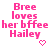 Pixelated pink text reads 'Bree loves her bffee Hailey' with a small heart symbol below, displayed on white background.
