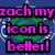 Pixelated image with pink text reading 'zach my icon is better!' over a green spiral on blue background, next to circular silver design.