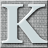 Static grayscale icon of a stylized letter K with light blue fill and dark gray outlines, displayed on a pixelated background.