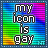A 48x48 pixel animated buddy icon with a rainbow striped background and bold text reading "my icon is gay" in white block letters, displayed across three sampled frames of an animation contact sheet.