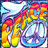 A highly pixelated static icon with vibrant rainbow colors forming abstract shapes and text-like patterns against a light background.
