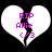 Two identical white broken hearts with black cracks on a black background, each containing pink text and symbols.