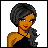 Pixel art contact sheet showing a character with dark curly hair and orange skin in top-left, alongside two orange star-patterned frames containing blue text "2" and "KUTE" or "HANDLE!".