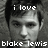 Pixelated grayscale image of a person's face with text overlays reading 'i love' above and 'blake lewis' below.