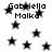 Black star shapes and pixelated text reading 'Gabriella Moltka' appear on a white background with varying opacity and positioning