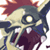 Pixelated cartoon character with glowing eye, spiky red hair, and dark blue accents on a white background.