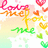 Pixelated image with colorful text 'Love Me' in pink, orange, and green letters over a gradient background with heart shapes.