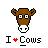 Pixelated cow head with brown and white coloring, wearing a brown hat, above text reading "I ❤️ Cows" in black and red pixel font.