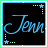 Animated icon displaying the name 'Jenn' in cursive script with changing color and star symbols on a black background.