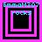 Four square display a pixelated animation with cyan text 'EmmaM307' and 'rocks', alternating between nested pink/black squares and solid black backgrounds
