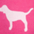 White dog silhouette on pink background with one frame showing gray background, standing in profile view.