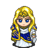 Pixel art character with long blonde hair, blue eyes, and a white-and-blue outfit holding a sword-like object.