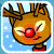 A 6-frame animated contact sheet of a pixelated reindeer character with brown fur, antlers, and red nose against a blue snow background.